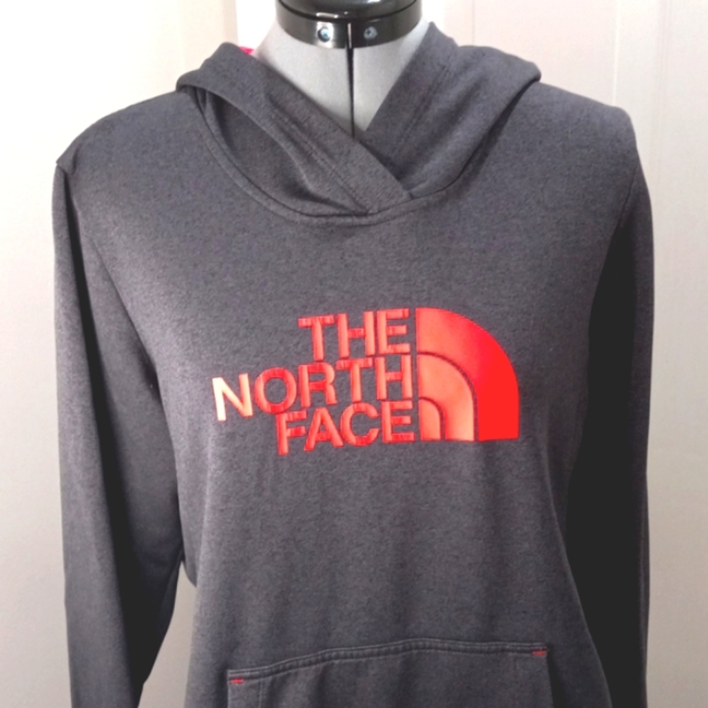 North Face Sz lg, Dark Grey with Florescent Orange lettering & Hood
